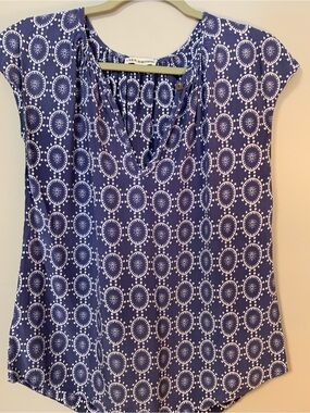Ulla Johnson Navy and White Geometric Cap-Sleeve Blouse